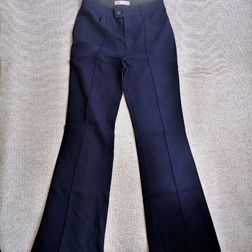 Zara Flared Trousers Womens Medium Navy Blue Excellent Front Seam High Rise